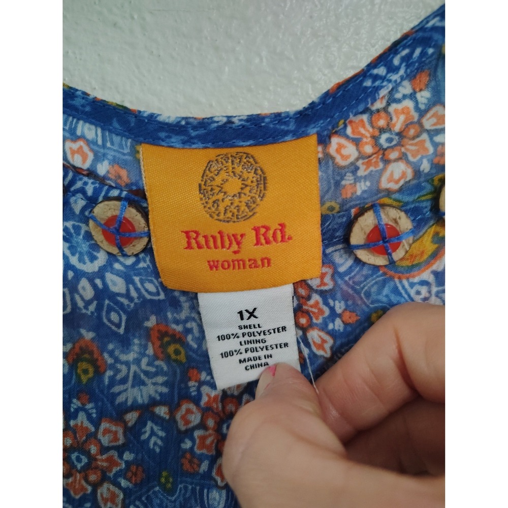 Ruby Rd Blue Medallion Paisley Chiffon Flutter Sleeve Poncho Top 1X - Picture 2 of 4